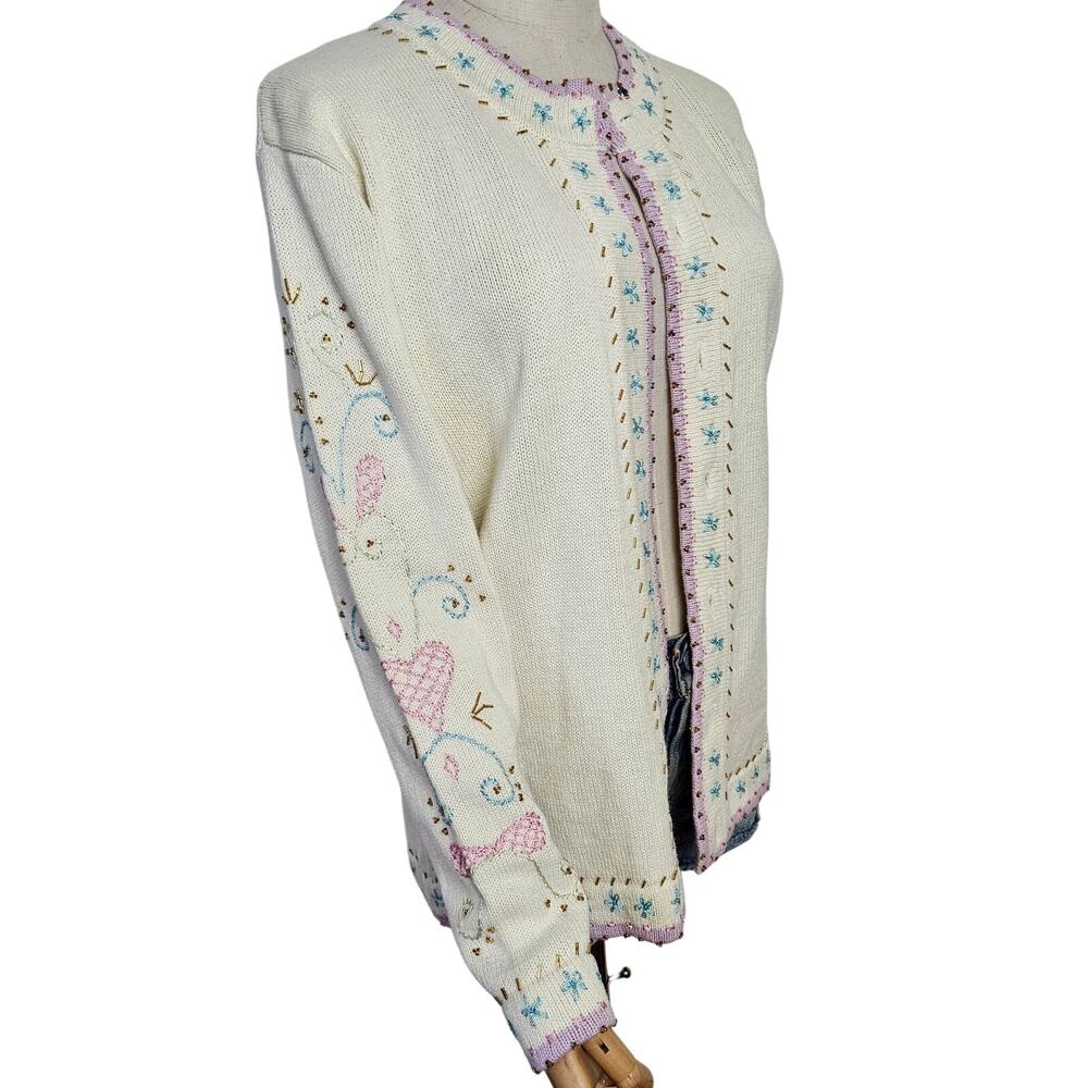 Storybook Knits Embroidered Beaded Cardigan Sweaer S Ivory Pastel